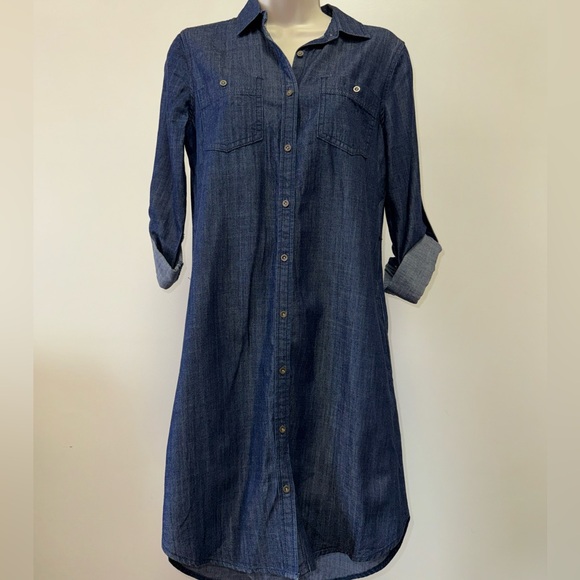 Banana Republic (0) Blue Button Up ¾ Sleeve Midi Dress - Picture 2 of 6